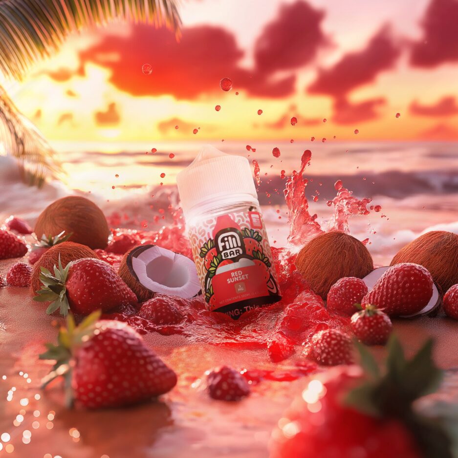 Fill Bars Red Sunset is partially dug into the sand on a beach, a wave of red is hitting the back of the bottle and splashing into the air, a red and yellow sunset with strawberries and coconuts on the beach beside the bottle.