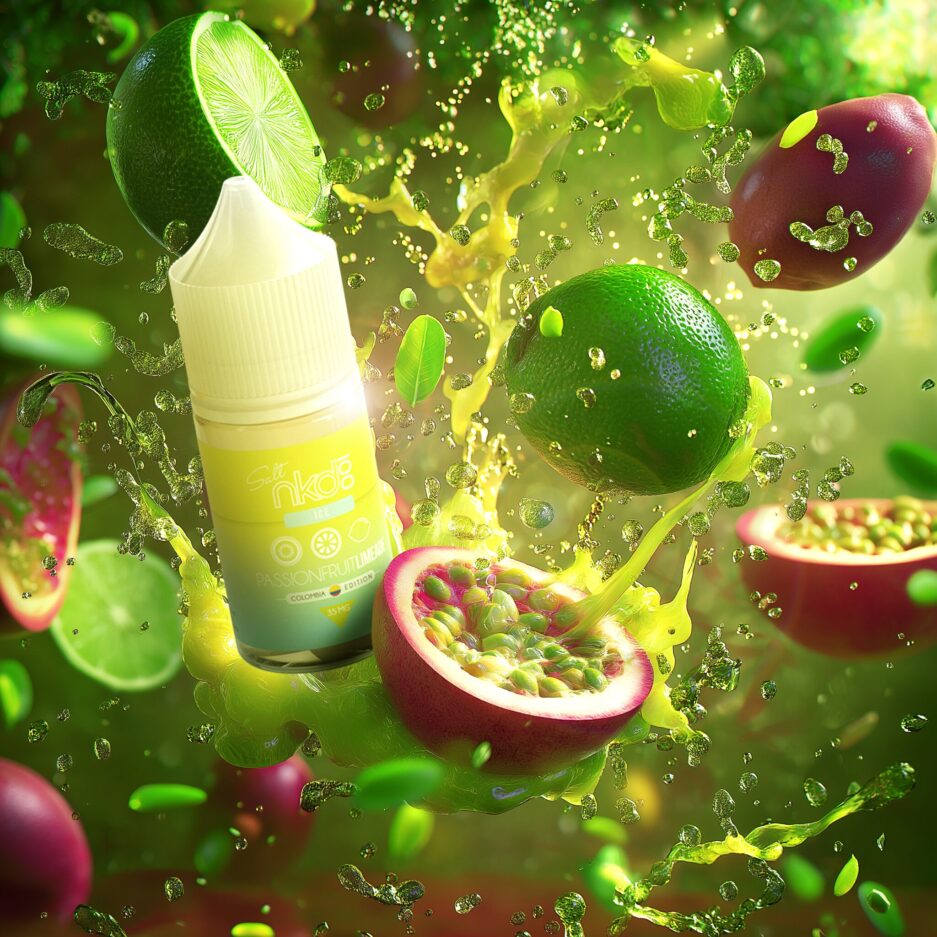 A product shot of Naked100 Colombia's Pasion fruit Limeade at the center left of the image nexto to a splashing passion fruit with lime juice. The image has a dramatic green color tone and lighting, limes and passion fruits flying every which way along with lime juice going in different direction.