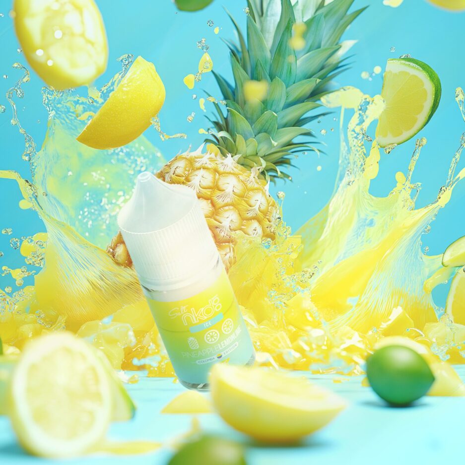 A product shot with Naked100 Colombia's Pineapple Lemon Lime at the center of the image with a baby blue floor and background, A giant splash of pineapples with lemons and limes behind the bottle mixed with pineapple juice in the background.