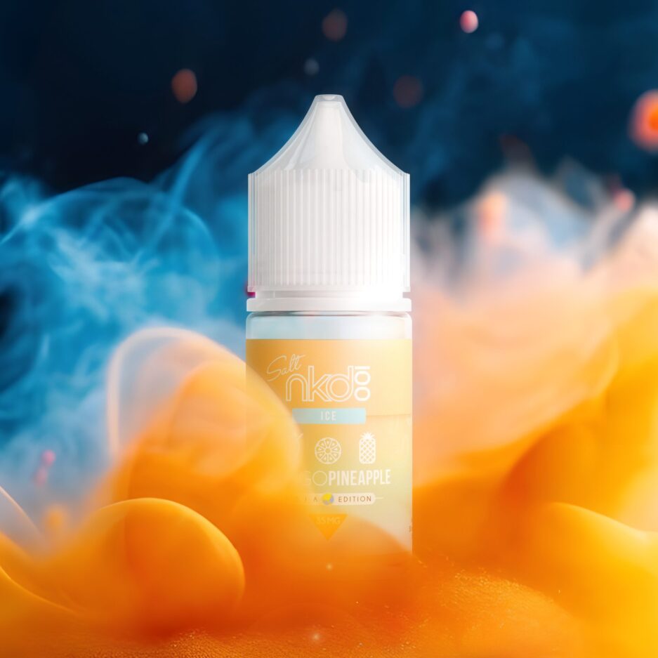 A product shot with Naked100 Asia's Mango Pineapple standing in the center, with a dense cloud of orange smoke coming from the right and partially covering up some of the bottle, while a cloud of blue smoke resides in the background.