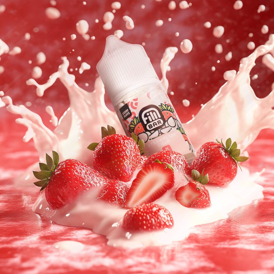 Fill Bars Strawberry Field sits at the top of a pile of strawberries that are sunken and floating on a cream base, with a strawberry and cream mix of liquid as the floor and a big splash of cream can be seen in the background.