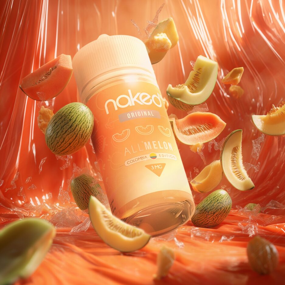 A product shot with an enlarged bottle of Naked100 Colombia's All Melon in the center of the image looking towards the sky, with a bright light illuminating the bottle. Cantaloupes and Melons and Watermelons are flying all throughout the image and colliding with the bottle.