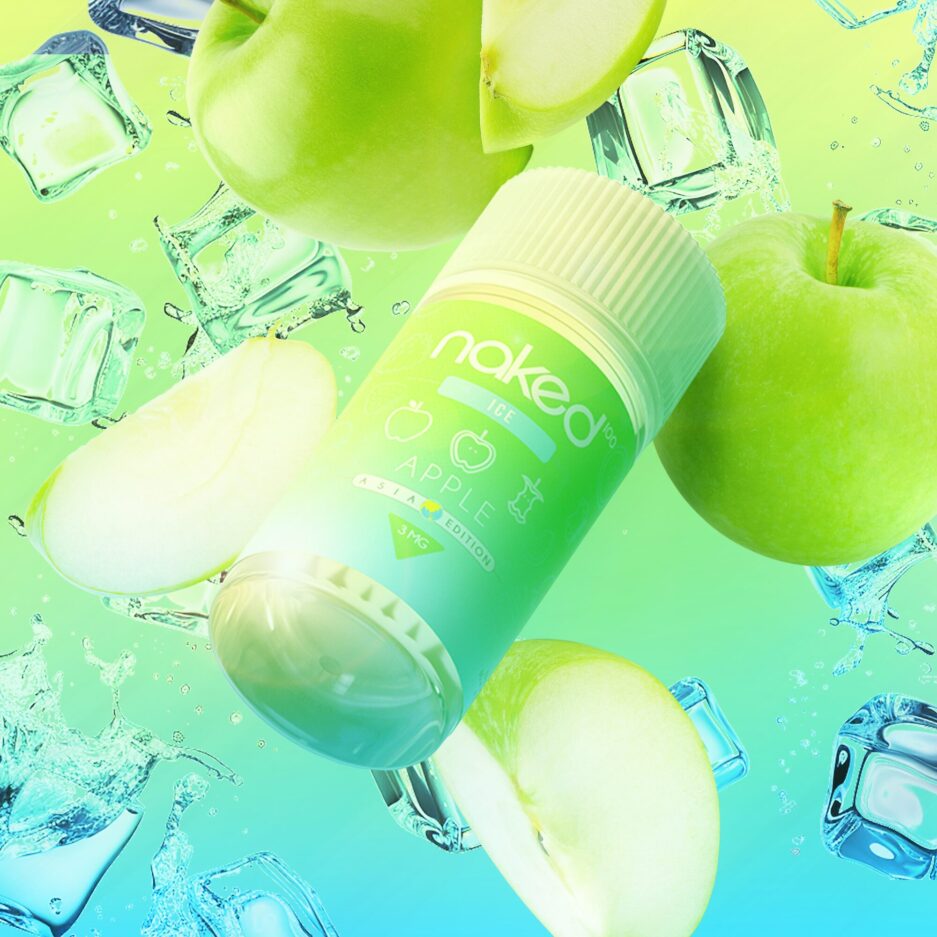 A Product shot with vibrant green and blue color tones, Naked 100 Colombia's Apple 60mL bottle is front and center of the image floating with green apples and green apple slices surround it, ice cubes in the background cover the area to give the image that cooling feel.