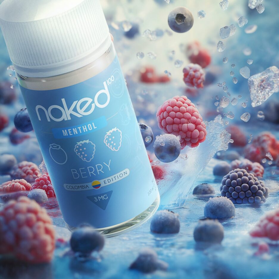 A tight product shot with Naked100 Colombia's Berry at the foreground of the image about to plunge into water with a thin layer of ice. Blueberries, blackberries, and raspberries are floating over the water layered in frost. Water and ice splashing in the air.