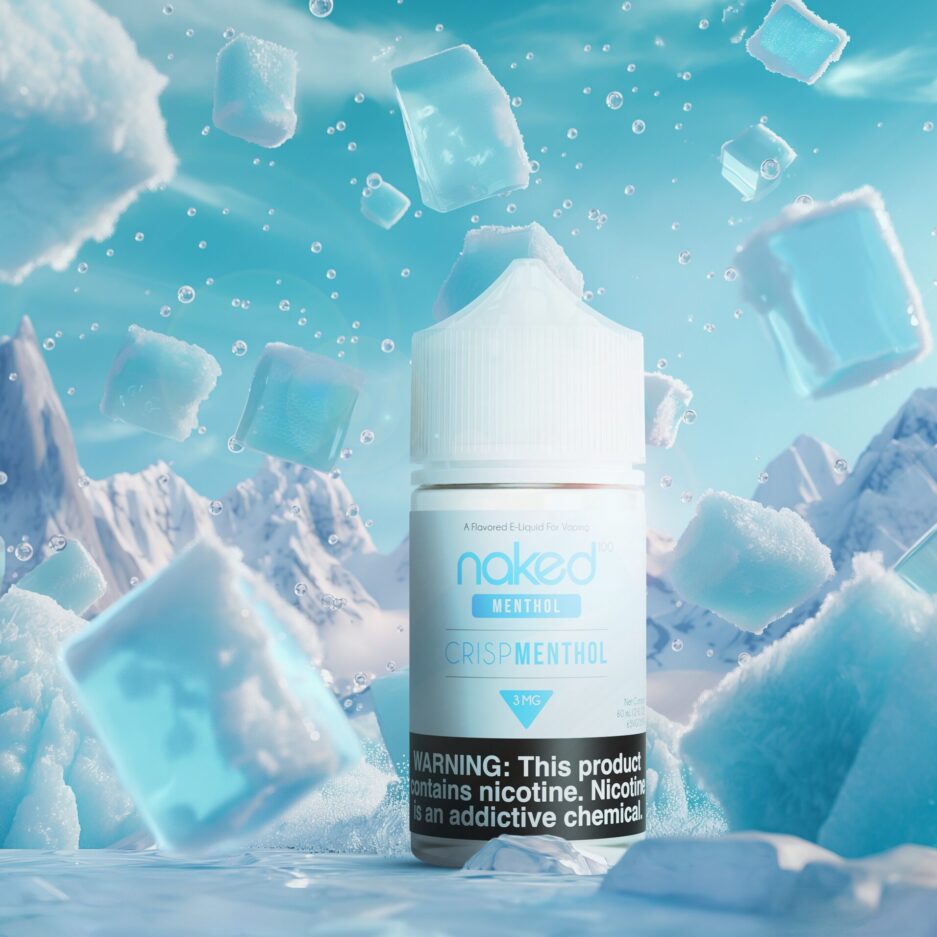 A product shot set in a icy landscape of Naked 100's International Menthol lines "Crisp Menthol" 60mL bottle standing at the center of the image. The image provides a cold and blue color tone to suggest the "coldness" menthol provides, with Ice cubes and snow spread throughout the foreground and background of the image, giving the viewer the sense of what the product aims to provide.