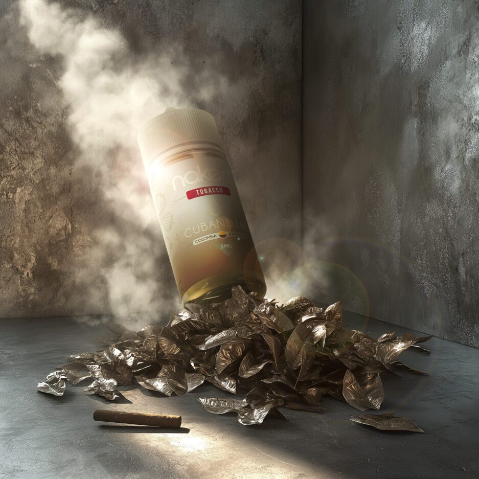 A product shot set with dramatic lighting in a room with silver walls and floors. Silver tobacco leafs are piled inthe center of the floor along with a cigar next to the pile. Smoke peers through the leafs and rises in the are. Naked100 Colombia's Cuban Blend sits on top of the pile with a streak of light coming from above illuminating the bottle.