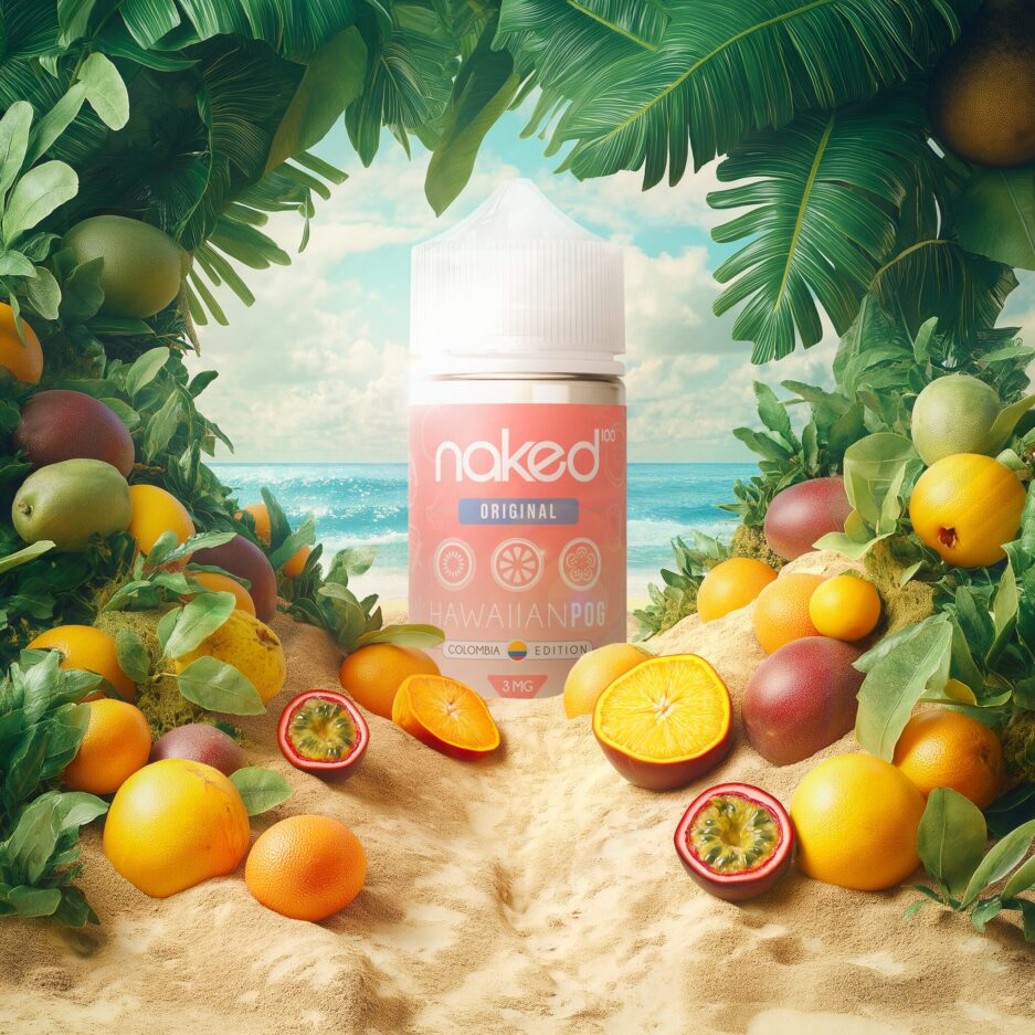 A tropical Hawaiian beach setting with a build of sand on the foreground and tropical leafs covering the sides and top of the image, leaving a center space that opens to the ocean front. Passion fruits and Oranges and Guavas lay on the sides of the images and dug into the sand falling towards the center, all pointing towards the center of the image where a bottle of Naked100 Colombia's Hawaiian POG stands illuminated by the sun.