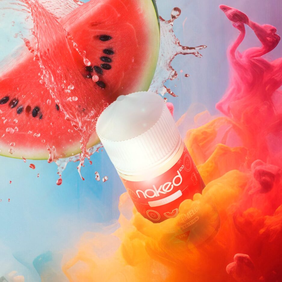 A product shot with Red smoke and a blue background, a watermelon slice with watermelon juice splashing out of it and Naked100's Asia Juicy Watermelon coming out of the smoke towards the center of the screen.