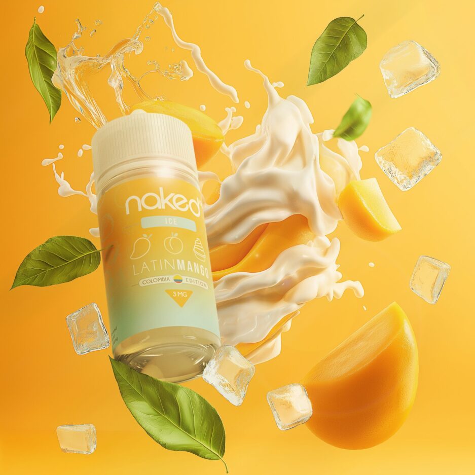 A product photo with orange color tones and mangos mixed with cream flying in the air, Ice cubes are on the sides of the image spreading out, and Naked100 Colombia's Latin Mango is by the large mix of mangoes and cream signifying the immense flavor inside the bottle.