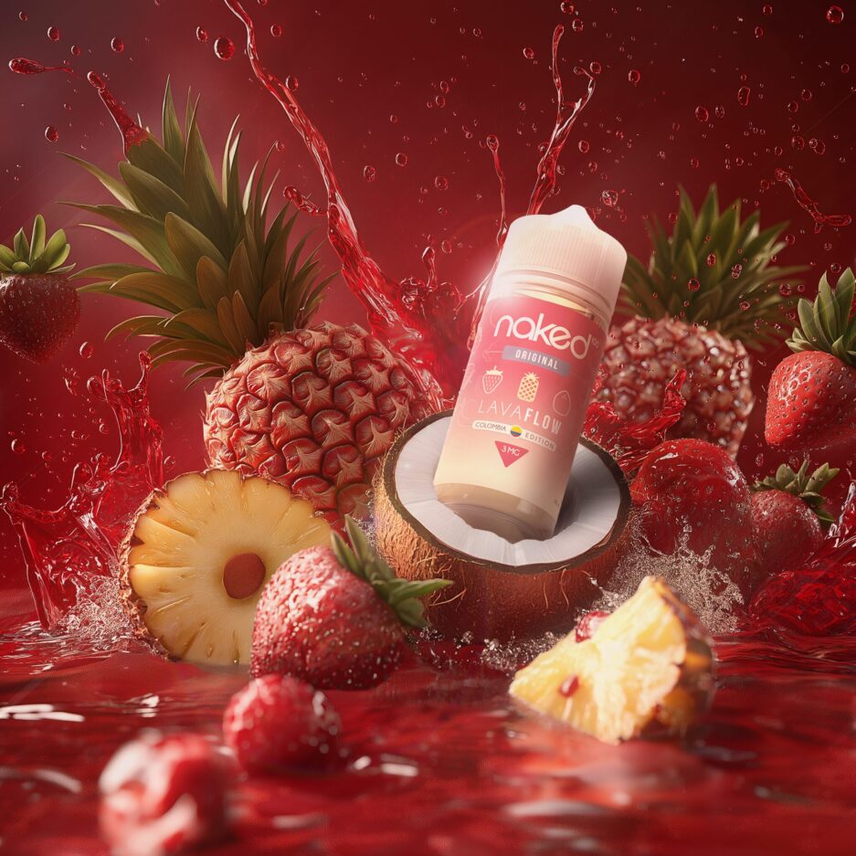 A product shot with red color tones, a red sea of liquid at the bottom where strawberries, pineapples, and coconuts are floating on. Naked 100 Colombia's Lava Flow is sitting on top of an opened coconut.