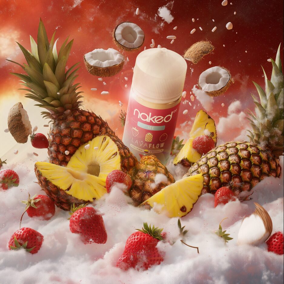 A product photo set in a icy landscape withe a snowy floor and red cloudy sky, pineapples and strawberries are piled in the foreground with Naked100 Colombia's Lava Flow Ice in the center behind the fruits, while coconuts and pieces of snow are flying in the background.