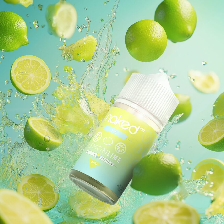 A product photo with limes mixed with water covering the image space plashing up into the air, Naked100's Asia Lemon Lime 60mL bottle is at the center.