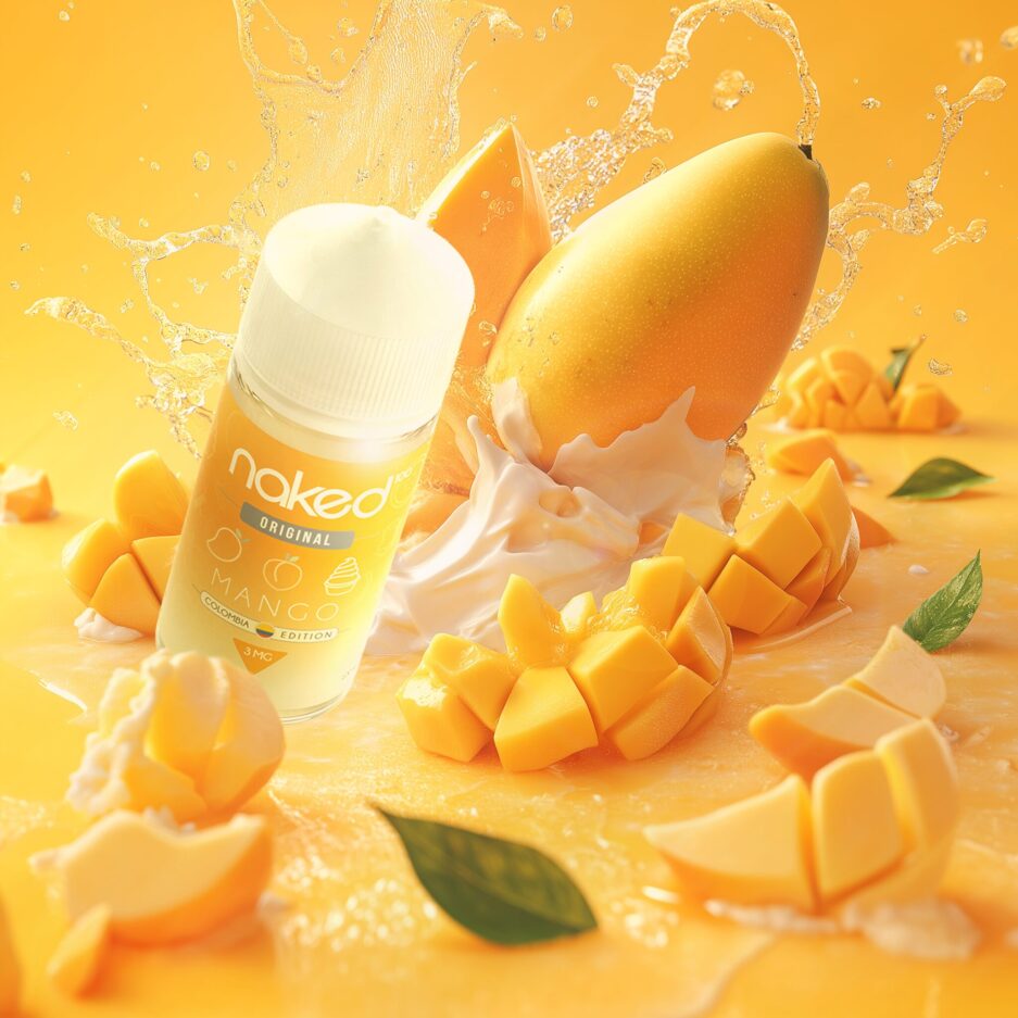 A product shot with mango color tones, mangos sliced and not dispersed throughout the image and laid out on the floor with cream mixed as well, Naked100 Colombia's Mango bottle at the foreground of the image in the air.