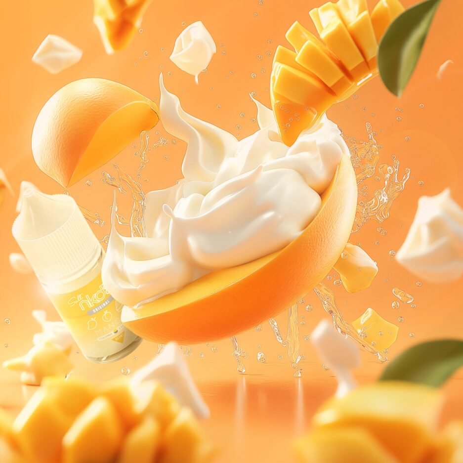 A product setup with a mango sliced in half with cream laid on top of it at the center. The floor and walls are a seamless orange, with cream and mangoes spread out across the image Naked100 Colombias Mango sits at the center left of the image behind the main mango and cream.