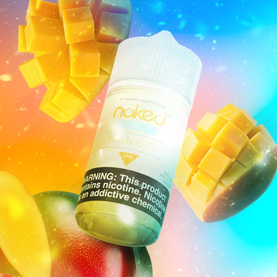 A product shot set with a blue and orange seamless background gradient with Naked 100's Mango Ice 60mL bottle floating at the center of the image, mangos enlarged and cut nicely are surrounding the bottle.