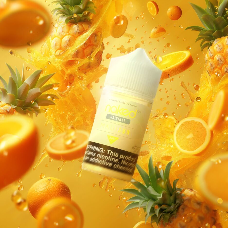 A product shot of Naked 100's International lines "Maui Sun" 60mL bottle floating in the center of the image. An orange and yellow mixed color palate background with oranges, tangerines, and pineapples are spread throughout the image with juice from the fruit splashing all over the image, giving the viewer the feel of "juiciness" that comes form the product.