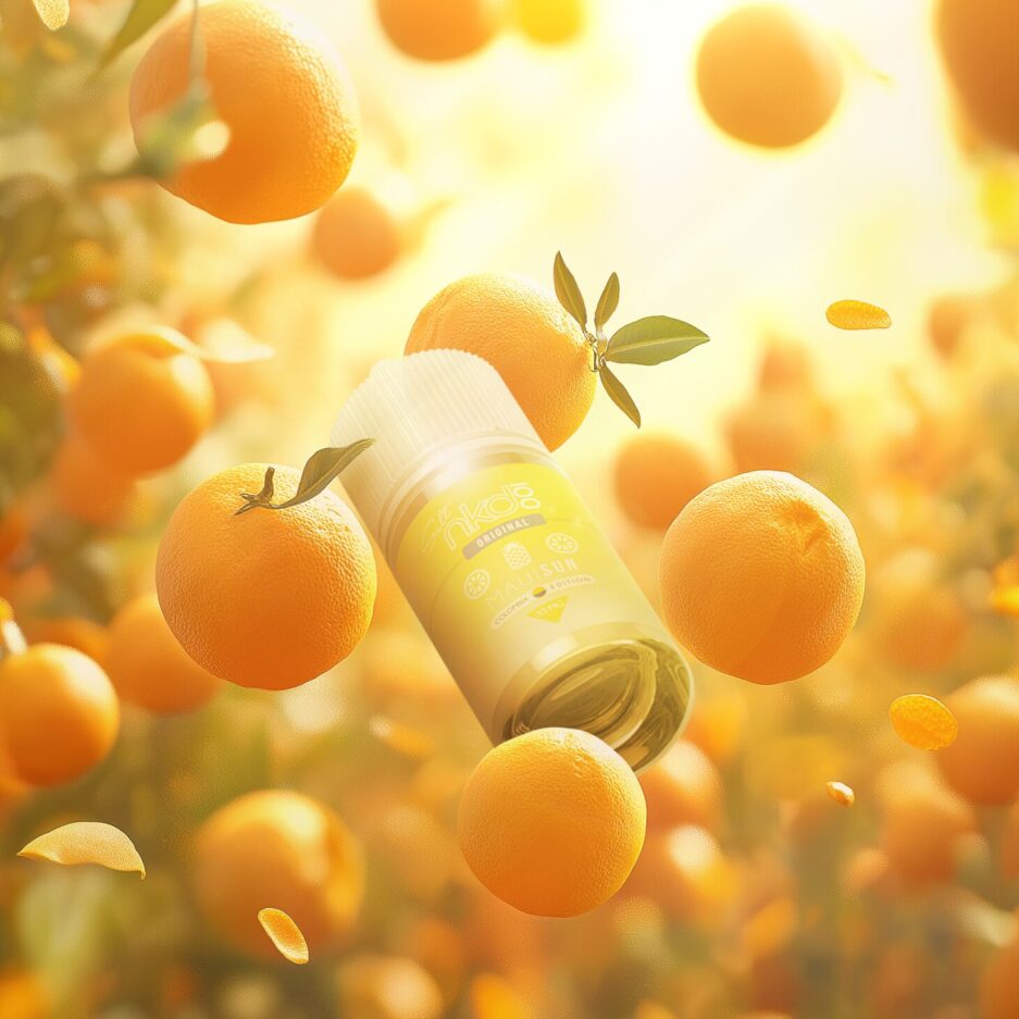 product shot with Orange sunny color tones. Set in a garden like scenario, Naked 100 Colombia's Maui Sun sits floating in the center with oranges surrounding it. Oranges floating and ones on trees in the background are blurred out.