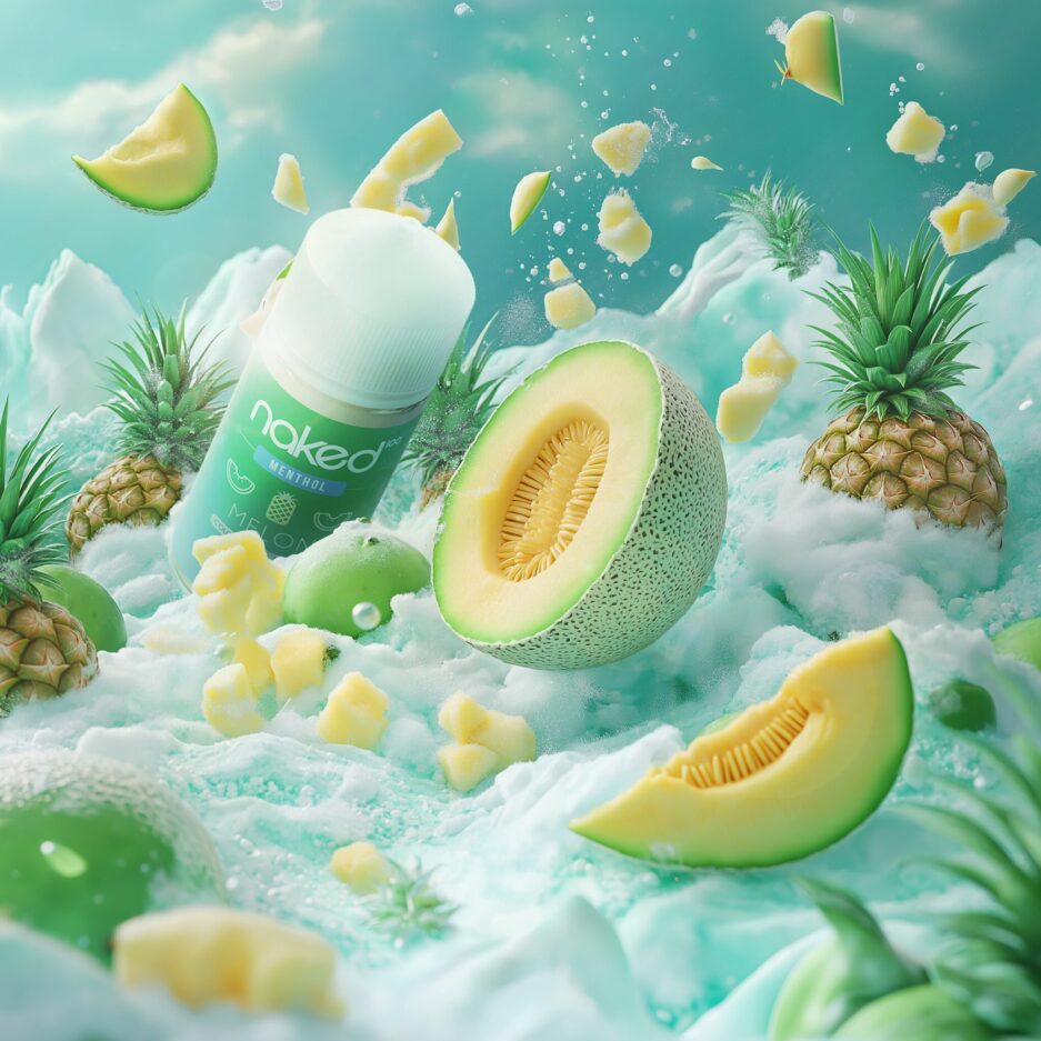 A product photo set in a snowy and icy landscape with green color tones. Melon and pineapple slices are dug into the snow with some pieces flying in the air. Naked100 Colombia's Melon bottle is also partially dug into the snow near the back of the image.