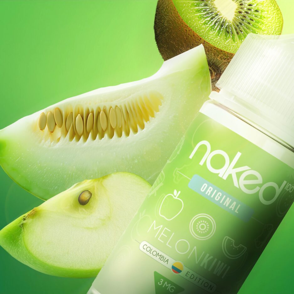 A tight product shot with Naked100 Colombia's Melon Kiwi 60mL at the foreground floating with a green apple, melon slice, and kiwi sitting on the left of the bottle. The image has green color tones with the background encapsulating those colors with a seamless gradient.