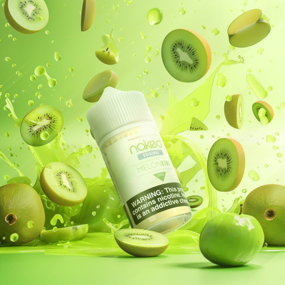 A product shot of Naked 100's International lines "Melon Kiwi" 60mL bottle floating in the center of the image. a green floor and background gradient to match the color of the product with Kiwis and Green Apples spread throughout the image and flying in the air. Juice from the fruit is splashing all over the image, giving the viewer the feel of "juiciness" that comes form the product.