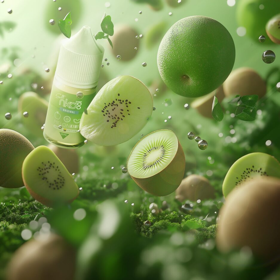 A product shot with green color tones with Green apples and kiwis floating in the air, all in the foreground and background blurred and un-blurred, Naked100 Colombia's Melin Kiwi is on the center left of the image behind a sliced kiwi.