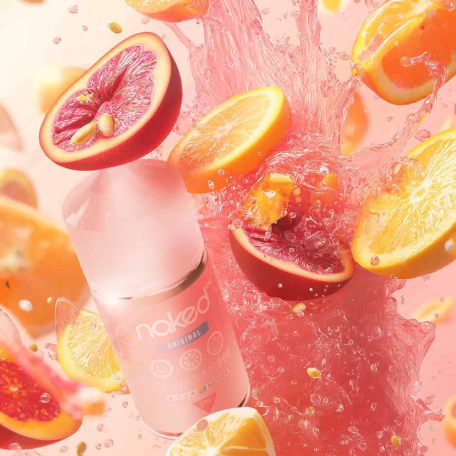 A product shot with a big splash of pink liquid juice going up in the air with oranges and passion fruits flying in the air as well mixed in with the liquid. Naked 100's Asia Hawaiian POG is flying in the air as well with the rest.