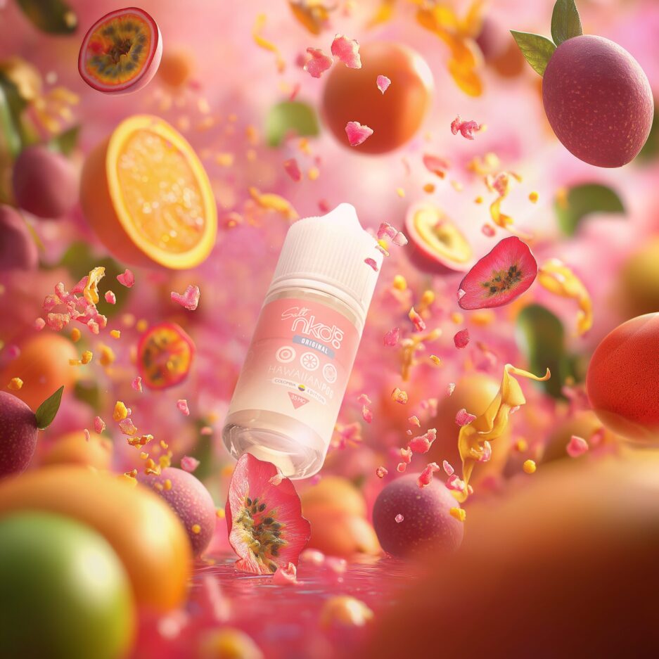 A product shot of Naked100 Colombia's Hawaiian POG in a pink color tone environment filled with passion fruits, oranges, and guavas all over the place.