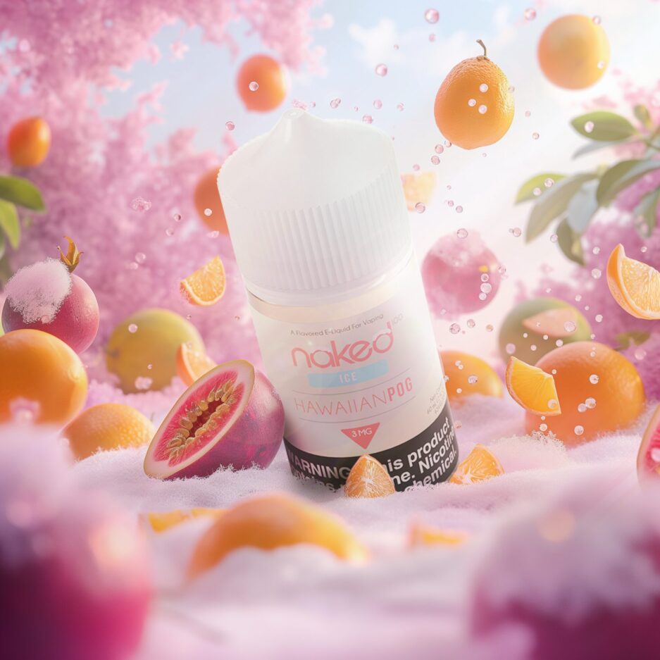 A product shot set in a icy landscape with the ground covered in frosty snow, the background is blurred but the viewer can see a pale blue sky with pink trees in the distance, aroudn the image is an assortment of guavas, oranges, and passion fruits all flying form the right of the image to the left and falling into the snow. At the center of the image is Naked100's Hawaiian POG ice partially dug into the snow, leaning on a passion fruit with light cleaning from the side of the bottle.