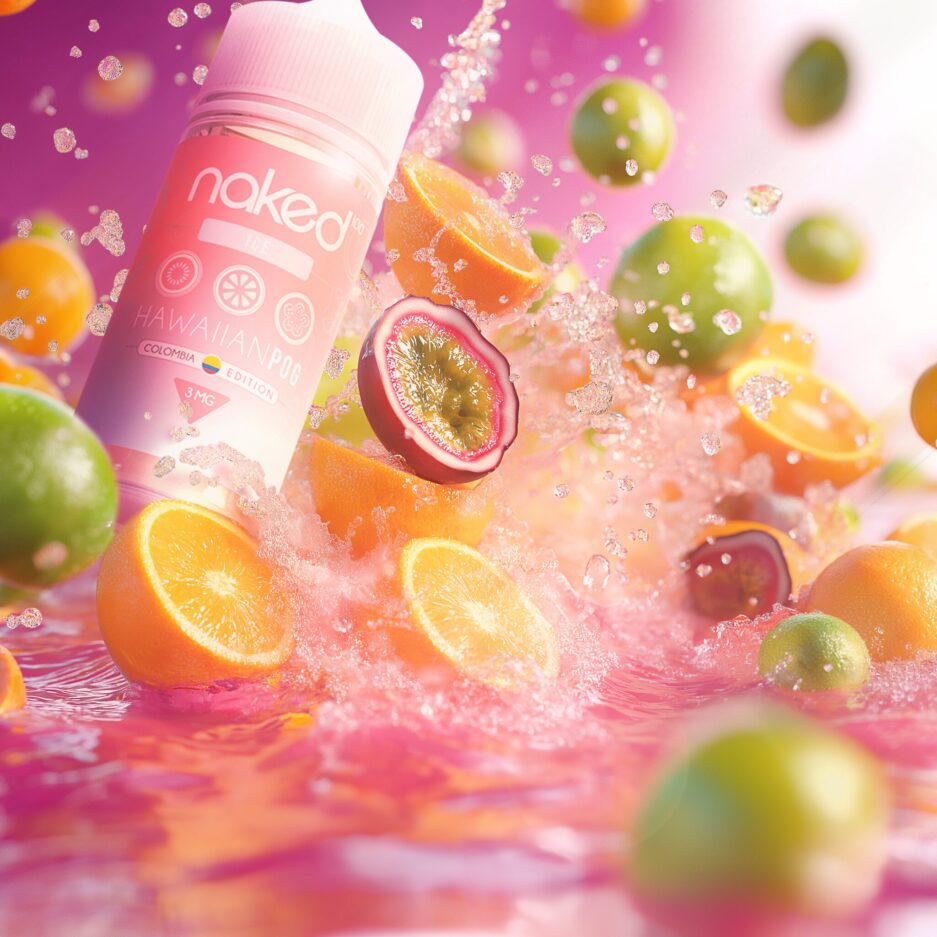 A product shot with pink color tones and a pink ocean as the floor with an array of oranges, guavas, and passion fruits all splashing in and out of the water all throughout the image with Naked100 Colombia's Hawaiian POG Ice at the left side of the image between the fruits and the splash.