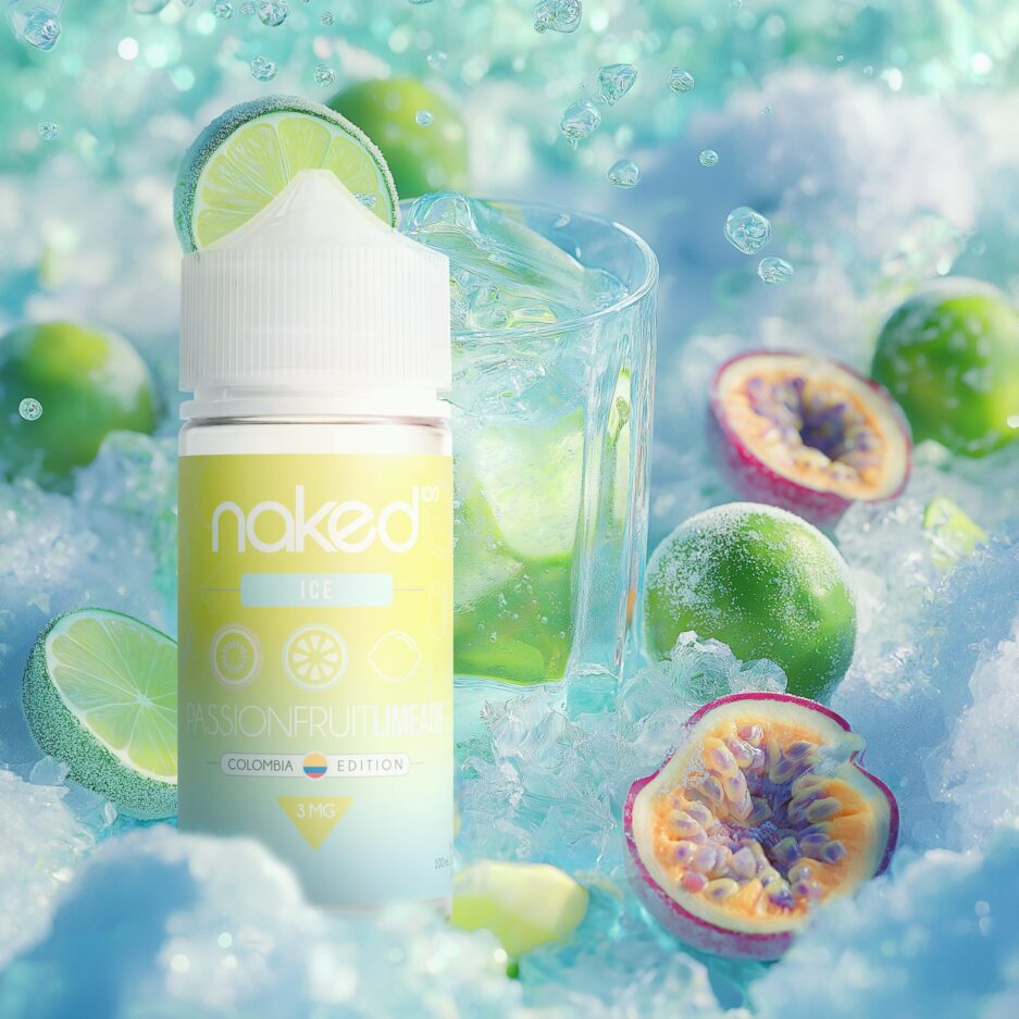 A tight product shot with ice and snow covering the floor of the image, passion fruits and limes are scattered around layered in frost and partially dug into the ice, Naked100 Colombia's Passionfruit Limeade bottle is standing in the center illuminated by light, with a glass bottle of limeade sitting behind it.