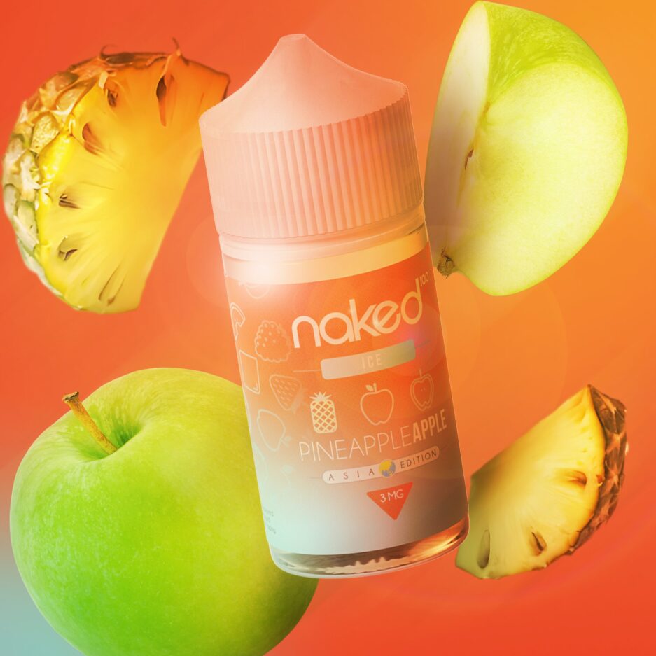 A product shot with an orange color tone, orange background gradient with Naked100 Colombia's Pineapple Apple bottle in the middle of the image floating as green apples and pineapple slices surround it.