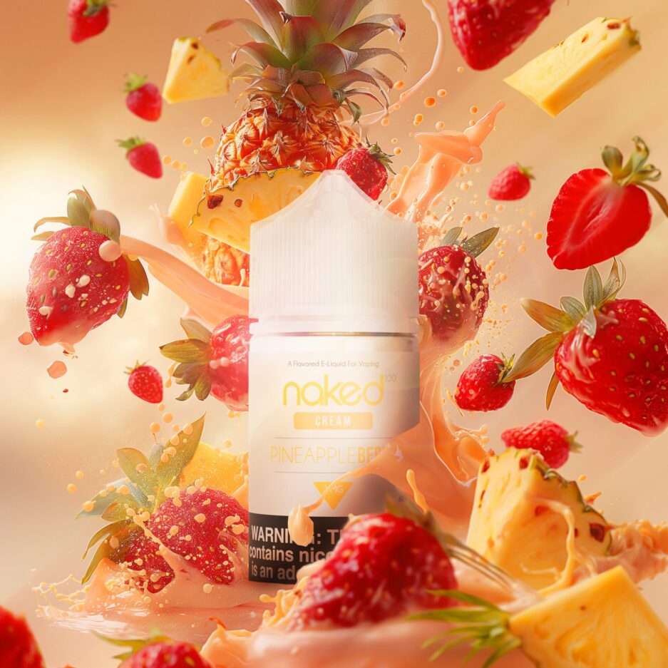 A product shot set with creamy and tan color tones, the floor is flooded with tan creamy liquid, Naked100's Pineapple Berry 60mL bottle stands at the center of the image, being hit by a splash from the cream on the right, with an assortment of strawberries and pineapples flying from the right and splashing into the cream.