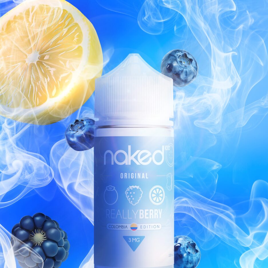 A product photo with blue color tones, Naked100 Colombia's Really Berry Stands in the middle of the image with smoke coming from the bottom of the image floating in the air, Blueberries, blackberries, and a lemon are falling behind the bottle.