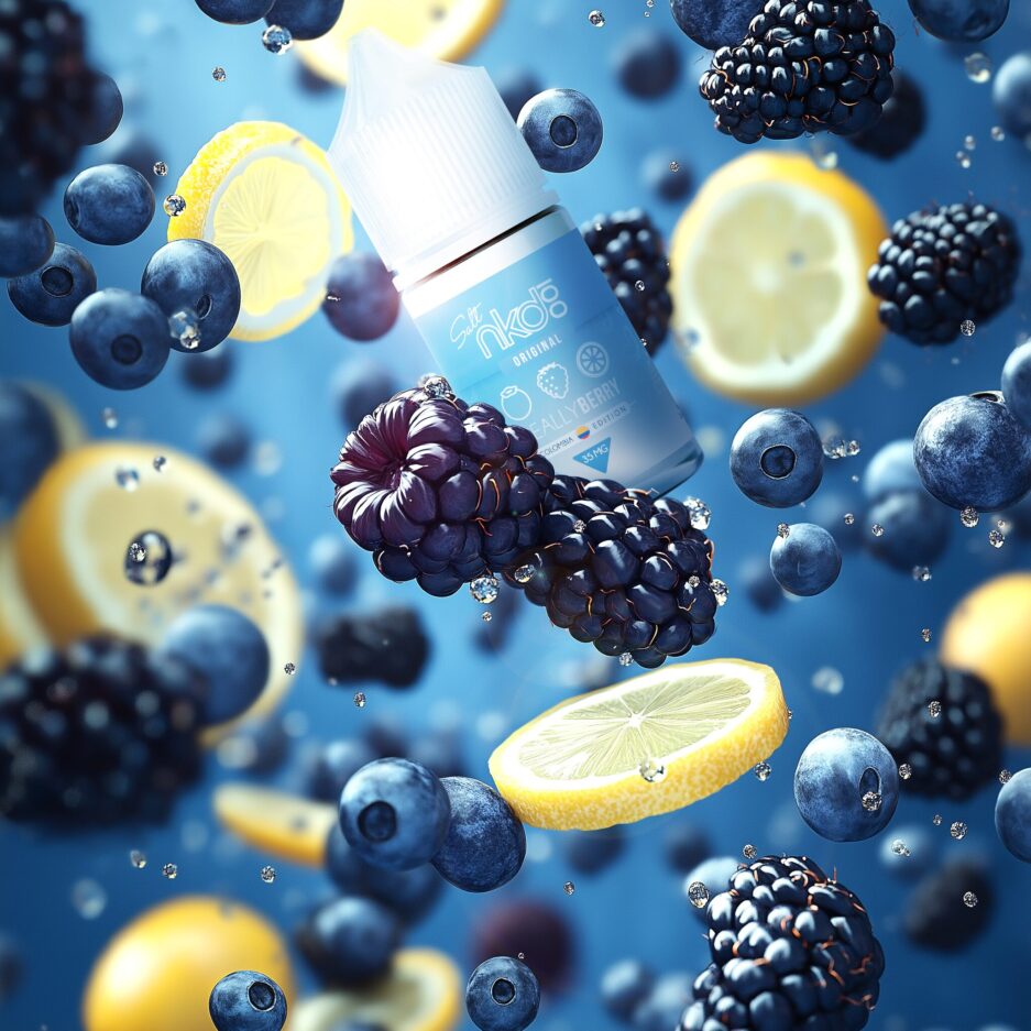 Product shot of blueberries, blackberries, and lemons floating in liquid with a blue seamless background. Naked100 Colombia's Really Berry floats behind blackberries at the center.