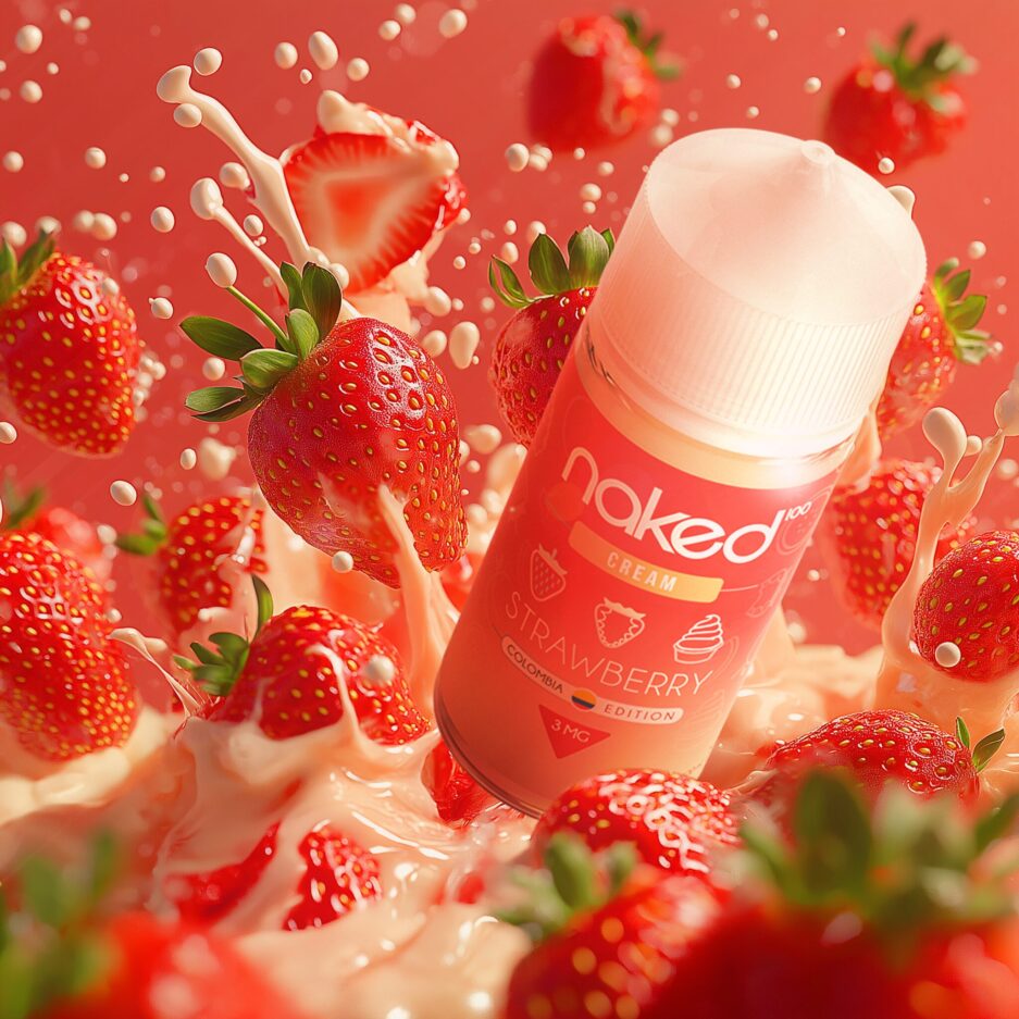 A tight product shot with a red seamless background and a pack of strawberries are plunging into a creamy floor causing cream to splash into the air. Naked 100 Colombia's Strawberry Cream is at the center of the image appearing to plunge into the cream as well.