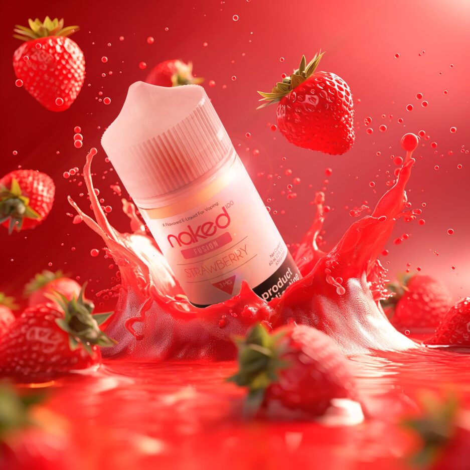 A product setup with red color tones, the floor flooded with red liquid to symbolize the juiciness the product brings, a big splash of red liquid at the center of the image revealing Naked100's Strawberry Fusion, along with an array of strawberries around the image in the liquid and flying in the air about to splash into the liquid.