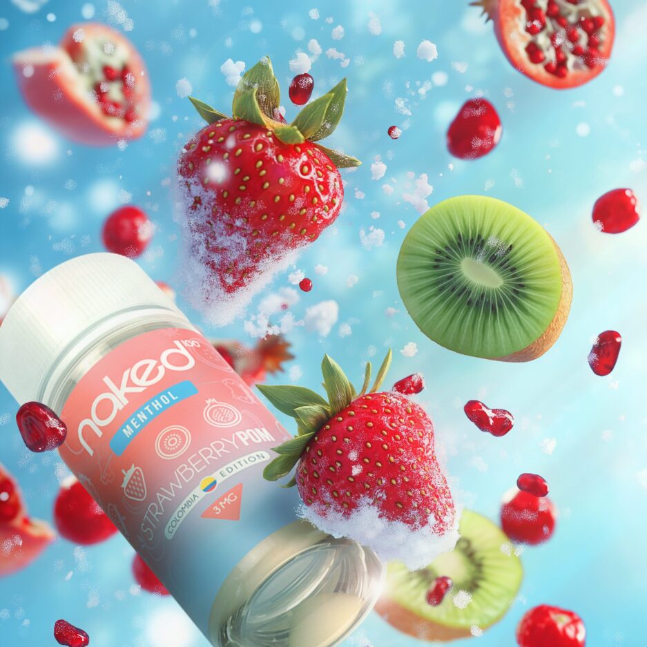 A product shot with a cool and icy color palate, Strawberries, kiwis, and pomegranates flying in the air with Naked100 Colombia's Strawberry Pom in the foreground flying as well.