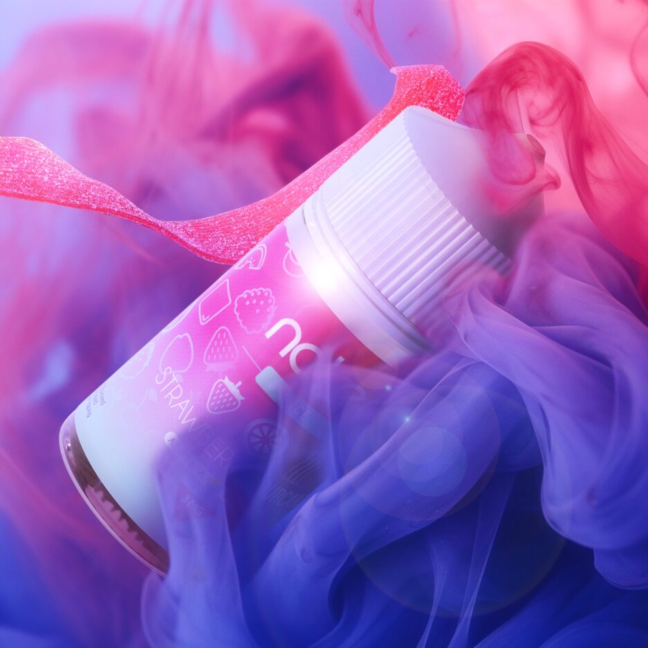 A product shot with red and purple smoke in the foreground and background covering the area, Naked100's Asia Strawberry Sour Candy is at the center being partially covered within the smoke as a red sour belt is floating behind the bottle.